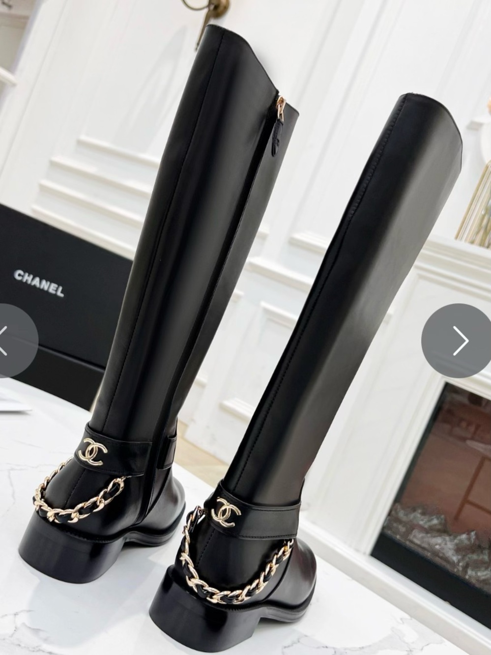 Source Unknown Black Leather Riding Boots with Gold Chain Accent NEW
